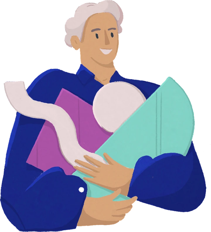 Illustration of a senior lead carrying the building blocks of a product